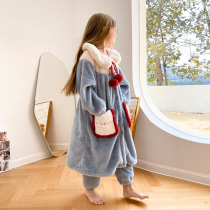 Childrens coral velvet pajamas autumn and winter girls flannel girl home clothing set thick child shape long