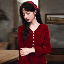 Toasting Bride 2021 New autumn and winter red wedding dress engagement dress long sleeve velvet doll collar