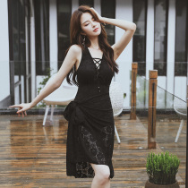 Sexy new lace conservative conjoined swimming belly gathers skirt style thin small fragrant wind bikini hot spring women Black