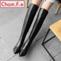 Autumn and winter thin heel mid-heel full cowhide knee-high boots Leather small heel high barrel boots pointed womens boots 897M