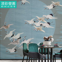 New Chinese Blue Crane light luxury meaning wallpaper cloth restaurant bedroom sofa club beauty salon elegant mural painting