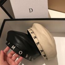 Black Japanese retro letter embroidery PU leather beret womens spring and summer fashion wild flat top painter hat tide