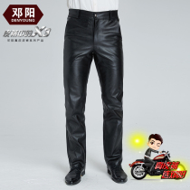 Deng Yang real leather pants cowhide autumn and winter mens warm motorcycle leather pants motorcycle middle-aged loose size straight trousers