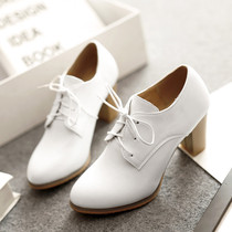 British style ladyboy single shoes spring and autumn high heels lace-up white shoes 2016 new leather shoes ladyboy shoes thick heel pointed head