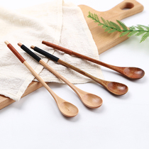  Solid wood long handle small wooden spoon Household wooden honey spoon Creative wooden spoon Cute Korean wooden wooden small spoon