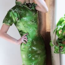 National style lady brocade short sleeve cheongsam temperament bamboo leaf flower green system