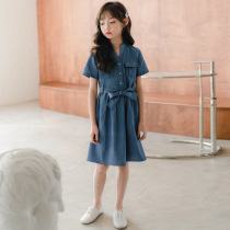 Girl Imitation Denim Short Sleeve One-piece Dress Korean Version Dress 2020 Spring Summer Pure Color V Collar Fashion Personality Closeted Bow Tie