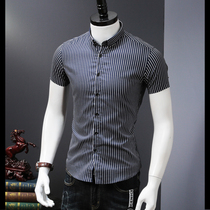 Light luxury short-sleeved shirt mens trend summer new fashion vertical stripe Korean slim-fit shirt casual navy blue