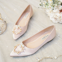 French wedding shoes female Xiuhe wedding dress two wear 2021 New champagne bridal shoes pregnant women do not tired feet flat shoes