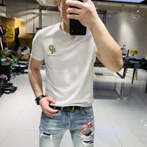 2020 Summer new trend fashion heavy industry bronzing embroidery short sleeve European and American simple slim slim silky cotton T-shirt men