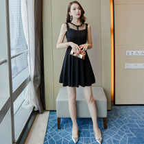 2021 new spring Super fairy sweet temperament shoulder Platycodon black Hepburn Wind small black dress summer