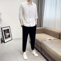 50% sleeves shirt with 90% bunches of pants one suit mens summer cotton linen with sleeves striped lining pants all over the body