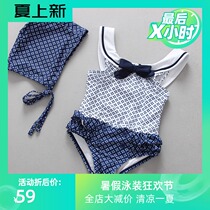 Korean childrens swimsuit Vintage navy style Girls One-piece bikini Little baby 2-3 years old Princess swimsuit with cap