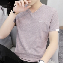 Fugui bird men short sleeve T-shirt ice silk v collar 2022 new trends handsome personality Han version half sleeve Summer sashimi