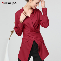 2021 spring new shirt blouse womens coat long shirt split red European goods waist slim foreign gas Europe and America
