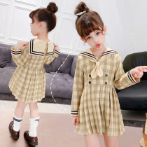 Korean girls college style dress spring and autumn 2021 New middle child plaid pleated skirt children long sleeve skirt