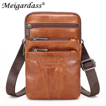 2018 new mens leather mini messenger bag 7 inch waist bag wear belt oil wax cowhide vintage mobile phone bag