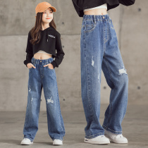 Girls spring dress jeans Five sixties 78 ten-year-old girl child wide leg pants foreign air trendy new
