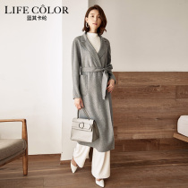 Anti-season Hepburn hair coat womens autumn and winter super long knee slim waist belt gray lapel double face wool coat