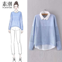 Middle-aged and elderly plus-size womens clothing fat mother 40-year-old 50-year-old top fake two Western-style thin sweater female middle-aged bottoming shirt