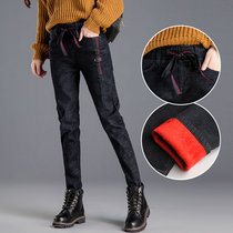 Velvet high-waisted jeans womens loose autumn and winter 2021 new Korean version thin warm cotton pants Dad Harun pants