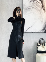 Black sling leather skirt women autumn and winter 2021 New slim slim French split medium long hip dress women