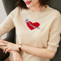 Short Sleeve Cashmere Sweatshirt Woman Autumn Winter Knit Bottom Body Shirt Round Collar Half Sleeve Big Code Loose Mid Sleeve Sweater T-shirt