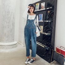 Pregnant women bib pants spring two-piece suit jeans loose large size tide mom pregnant women pants spring and autumn wear pants