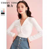 Sugar force solid color v collar small sexy kink design long sleeve T-shirt female spring autumn slim slim base shirt top