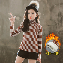 Girls  high neck base shirt Pure cotton autumn and winter Western style striped winter childrens warm top velvet thickened one-piece velvet