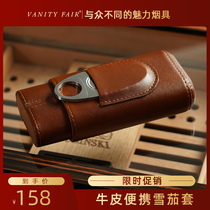 VanityFair Humidor Portable Carry-On Cowhide Mini Cedar Wood Humidor Cigar Scissors Set