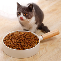 Day Style Ceramic Pet Cat Bowl 7 8 inch with wood to thicken the creative dog bowl with enlarged anti-slip white porcelain bamboo and wood handle