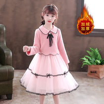 Girls autumn dress 2021 new foreign style children plus velvet skirt set childrens clothing women Autumn Winter Princess dress winter