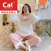 Autumn and winter 2021 new coral velvet pajamas women plus velvet thickened Net red bows cute home wear