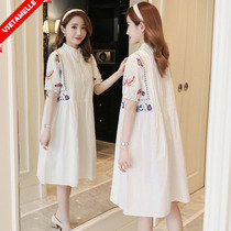 Maternity summer dress five-point sleeve ethnic style white dress loose a-line dress Cotton and hemp dress Nursing dress Maternity skirt