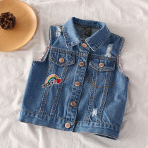 Girl Cowboy Waistcoat 2022 Spring New Tide Children Women Breaking Cave Rainbow Embroidered Outside Wearing Vest Baby Kampa