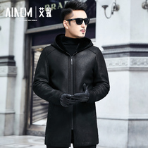 Original ecological fur one-piece mens leather leather coat Medium and long hooded leather trench coat Slim Haining Fur winter coat