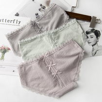 3 underwear women cotton Japanese sweet girl cute bow hollow vertical strip breathable lace triangle
