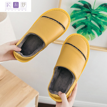  Autumn and winter home household indoor men and women couples leather slippers non-slip belt bag with warm cotton slippers winter