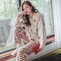 Lin Meng family moon clothes postpartum pregnant women autumn and winter plus velvet thickened maternal coral velvet pajamas nursing feeding set