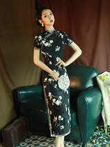 Black printed qipao 2021 The new young girls improved temperament high-end one-piece dress Summer mid-length