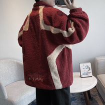 Winter lamb wool coat day ensemble mens handsome gas loose warm cotton clothes short and gush thickened small cotton padded jacket red