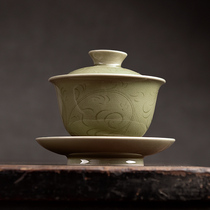 Longquan Celadon cover bowl Hand-carved large ceramic wood-fired three-cai bowl Single tea bowl Yue Kiln Kung Fu tea set