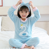  Childrens swan pajamas spring autumn and winter childrens female baby home clothes baby cute coral velvet princess suit