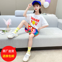 Girl Suit Summer Dress 2022 New Fashion Ocean Gas Children Rainbow Shorts Letters Short Sleeve Compassionate two sets of damp