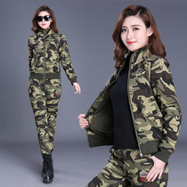 Camouflage suit womens 2019 autumn and winter new velvet thickened military uniform uniform suit sports outdoor two-piece set men