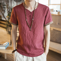 Chinese style men's clothing embroidery linen T-shirts men's short-sleeved loose and large-yard thin leisure disk with retro cotton linen tops