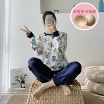 Womens spring and autumn long-sleeved pure cotton pajamas with chest pad cute cartoon Mickey casual wearable home suit