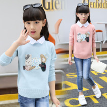 Spring and Autumn new Princess sweater Girls  shirt Fake two-piece sweater pullover Small medium and large childrens student thick sweater