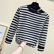 2021 Spring and Autumn new off-shoulder striped pullover T-shirt women thin long sleeve slim base shirt body shirt short top